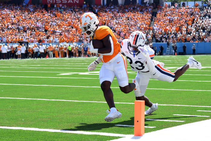 Tennessee Volunteers RB Dylan Sampson scoring a touchdown against Virginia on September 2nd, 2023, in Nashville, Tennessee. (Photo by Christopher Hanewinckel of USA Today Sports)